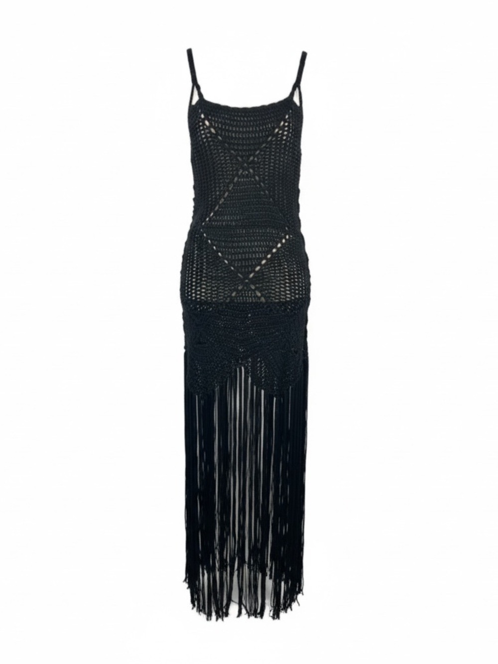 New LA Class Black Crochet Knit Fringe Maxi Cover Up Womens size Large